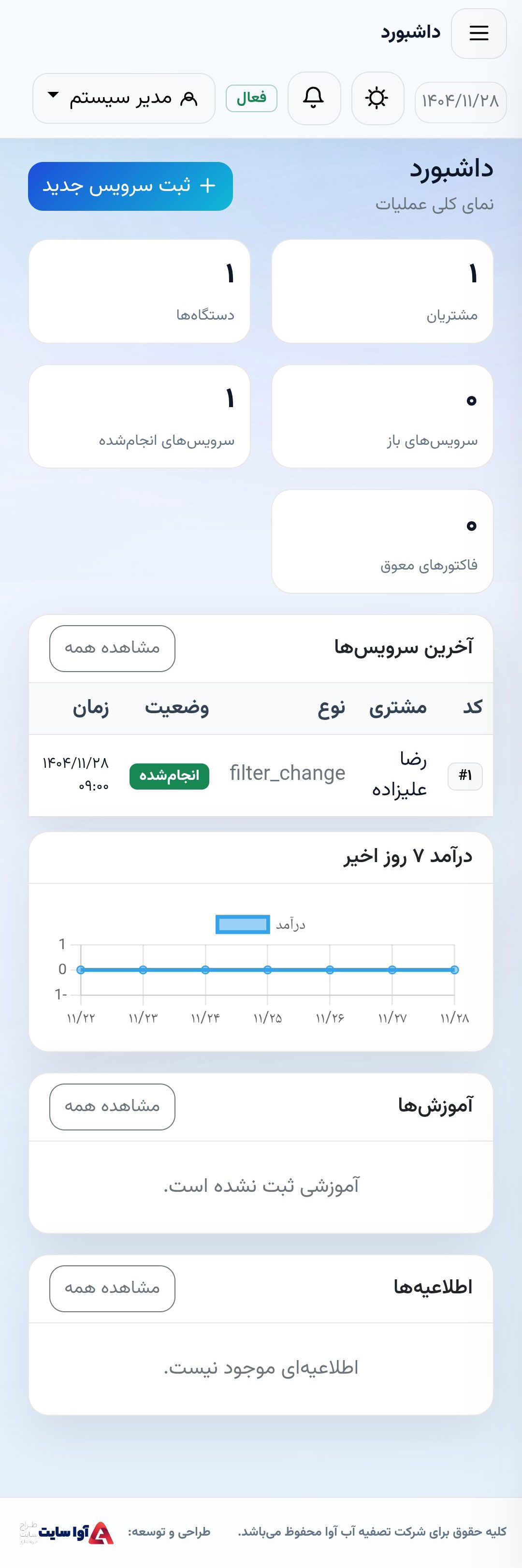 نمای موبایل پنل مدیریت